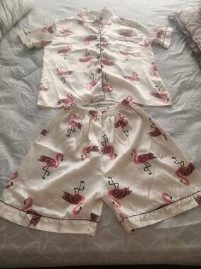 Ladies Cream Pink Flamingo Silk Pajama Set small to medium size
